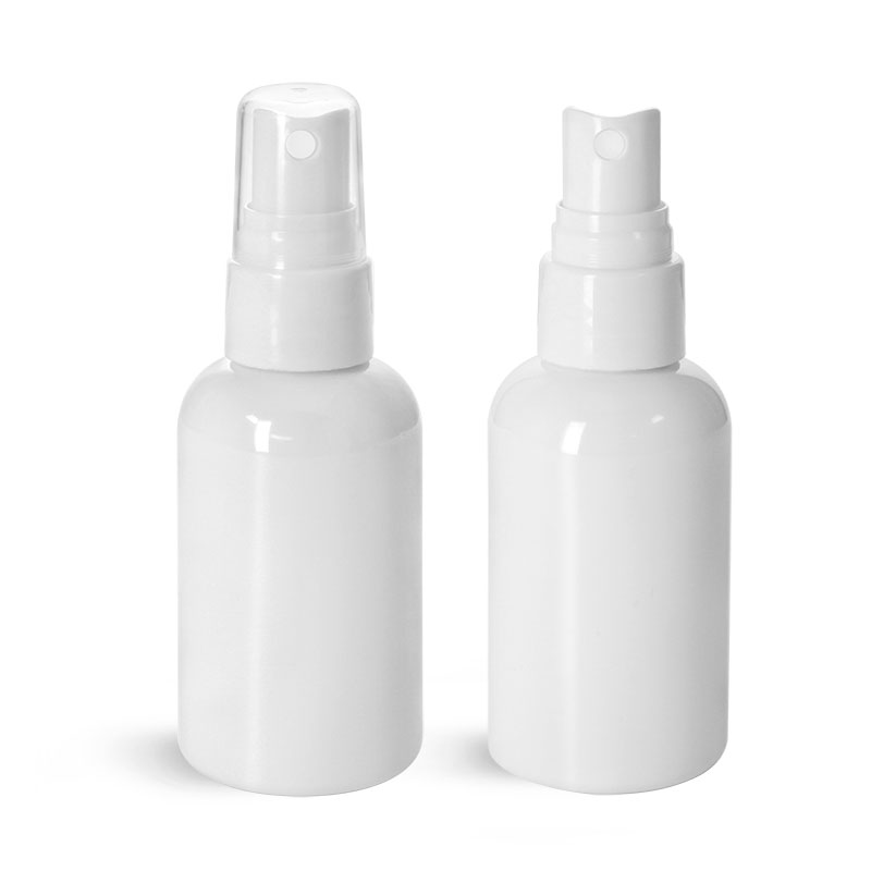 Plastic Bottles, White PET Boston Rounds w/ Smooth White Fine Mist Sprayers