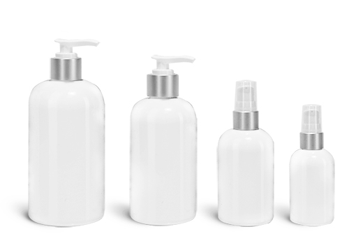 Plastic Bottles, White PET Boston Rounds With White Lotion Pumps w/ Brushed Aluminum Collars