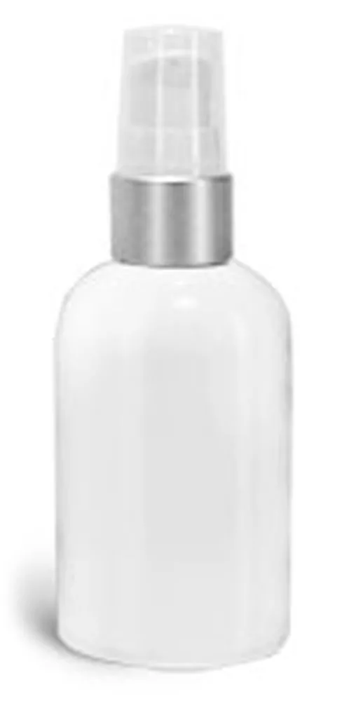 2 oz PET Plastic Bottles, White Boston Round Bottles w/ White Brushed Aluminum Pumps