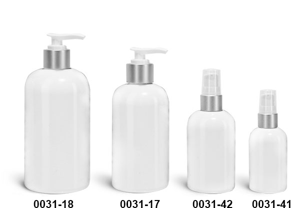 Plastic Bottles, White PET Boston Rounds With White Lotion Pumps w/ Brushed Aluminum Collars