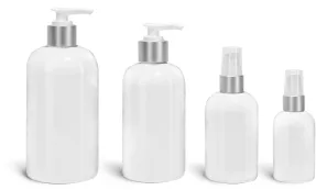 PET White Boston Round Bottles w/ White Brushed Aluminum Lotion Pumps