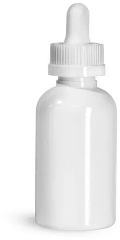2 oz Plastic Bottles, White PET Boston Round Bottles w/ White Child Resistant Droppers