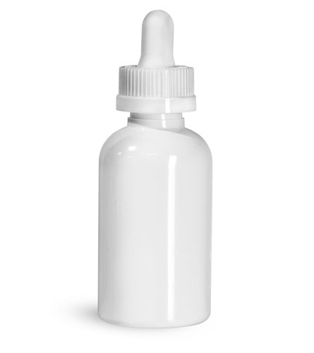 PET Plastic Bottles, 2 oz White Boston Round Bottles w/ White Child Resistant Droppers