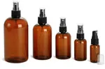 Plastic Bottles, Amber PET Boston Round Bottles w/ Black Ribbed Fine Mist Sprayers
