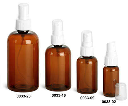Plastic Bottles, Amber PET Boston Round Bottles With White Ribbed Fine Mist Sprayers