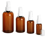 Plastic Bottles, Amber PET Boston Round Bottles w/ White Ribbed Fine Mist Sprayers