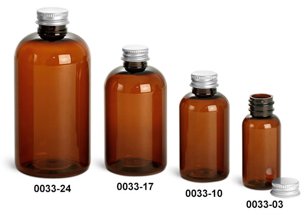 Plastic Bottles, Amber PET Boston Round Bottles With Lined Aluminum Caps