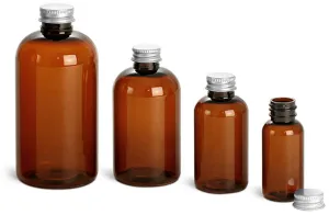 Amber PET Boston Round Bottles w/ Lined Aluminum Caps