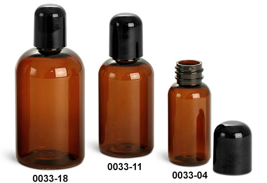 Plastic Bottles, Amber PET Boston Round Bottles With Smooth Black Dome Caps