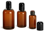 Plastic Bottles, Amber PET Boston Round Bottles w/ Smooth Black Dome Caps