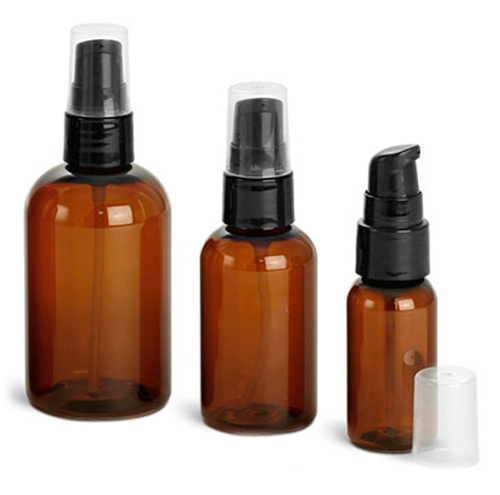 Amber PET Boston Round Bottles w/ Black Treatment Pumps