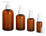 Amber PET Boston Round Bottles With White Treatment Pumps