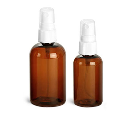 Plastic Bottles, Amber PET Boston Round Bottles w/ White Ribbed Fine Mist Sprayers