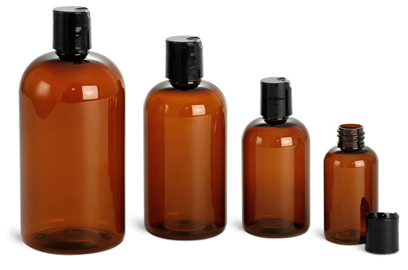 Plastic Bottles, Amber PET Boston Round Bottles w/ Black Disc Top Caps