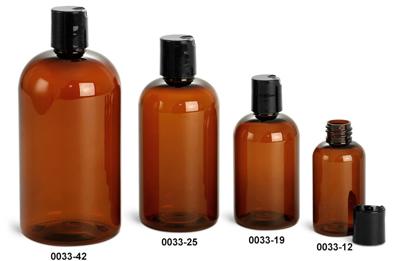Plastic Bottles, Amber PET Boston Round Bottles w/ Black Disc Top Caps