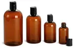 Plastic Bottles, Amber PET Boston Round Bottles w/ Black Disc Top Caps