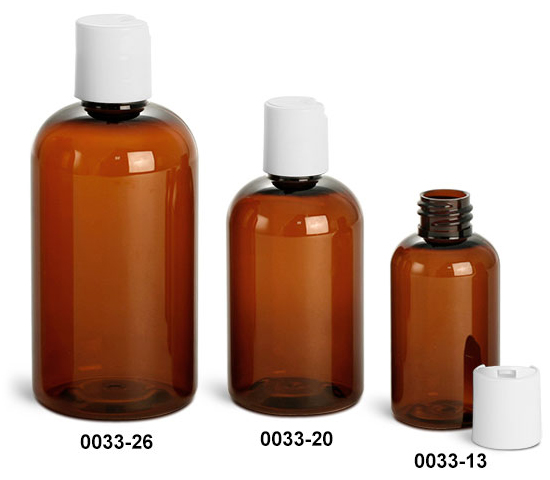 Plastic Bottles, Amber PET Boston Round Bottles w/ White Disc Top Caps
