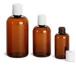 Plastic Bottles, Amber PET Boston Round Bottles w/ White Disc Top Caps