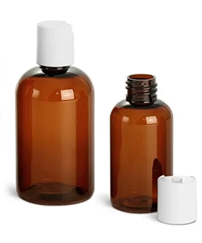 Amber PET Boston Round Bottles w/ White Disc Top Caps