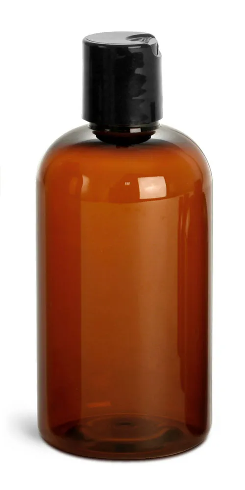 Boston Round 8 oz. Amber Plastic Bottle (PET) with Black Unlined Flip Top  Lid