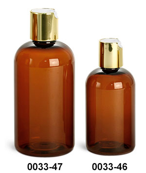 Plastic Bottles, Amber PET Boston Round Bottles w/ Gold Disc Top Caps