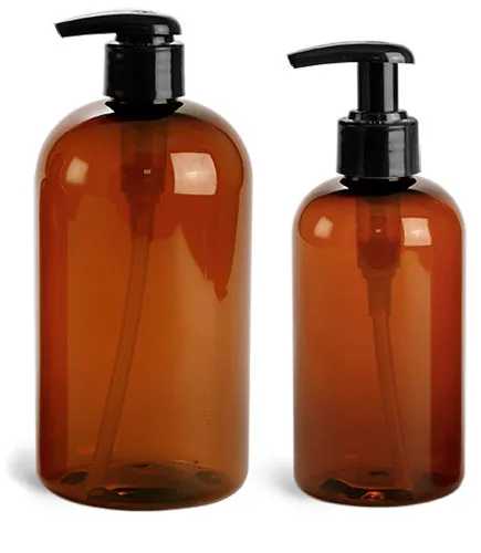 Plastic Bottles, Amber PET Boston Round Bottles w/ 2 cc Black Lotion Pumps