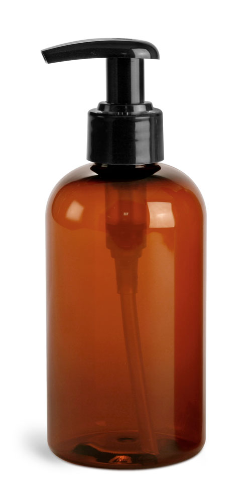 8 OZ AMBER PET BOSTON ROUNDS W/ 2 CC BLACK LOTION PUMPS