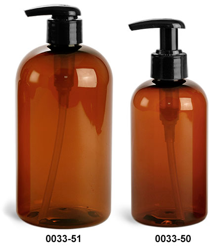 Plastic Bottles, Amber PET Boston Round Bottles w/ 2 cc Black Lotion Pumps