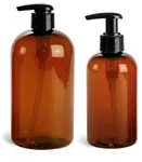 Plastic Bottles, Amber PET Boston Round Bottles w/ 2 cc Black Lotion Pumps