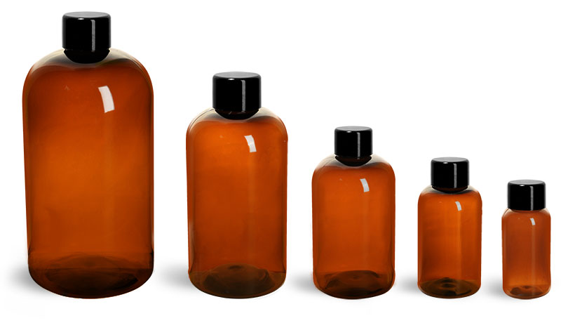 Plastic Bottles, Amber PET Boston Round Bottles w/ Smooth Black Plastic Lined Caps