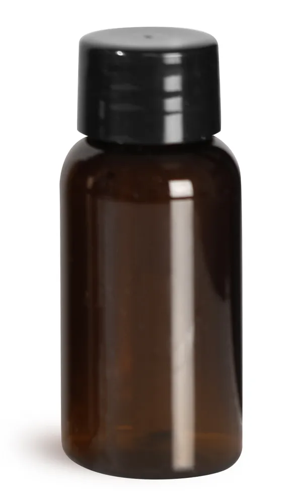 1 oz Plastic Bottles, Amber PET Boston Rounds w/ Smooth Black Plastic Lined Caps