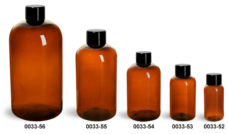 Plastic Bottles, Amber PET Boston Round Bottles w/ Smooth Black Plastic Lined Caps