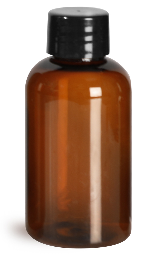 2 oz Plastic Bottles, Amber PET Boston Rounds w/ Smooth Black Plastic Lined Caps
