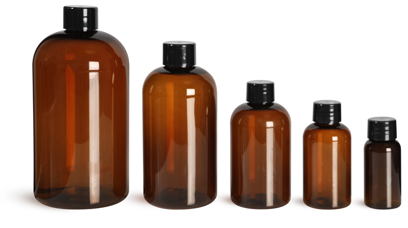 Plastic Bottles, Amber PET Boston Round Bottles w/ Smooth Black Plastic Lined Caps