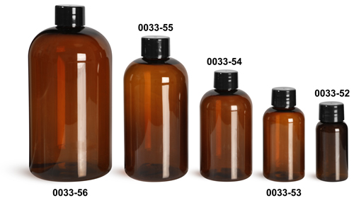 Plastic Bottles, Amber PET Boston Round Bottles w/ Smooth Black Plastic Lined Caps