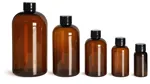 Amber PET Boston Round Bottles w/ Smooth Black Plastic Lined Caps
