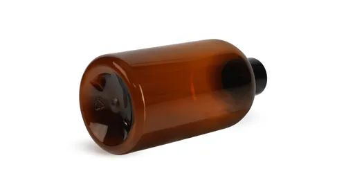 1 oz Plastic Bottles, Amber PET Boston Round Bottles w/ Smooth Black Plastic Lined Caps