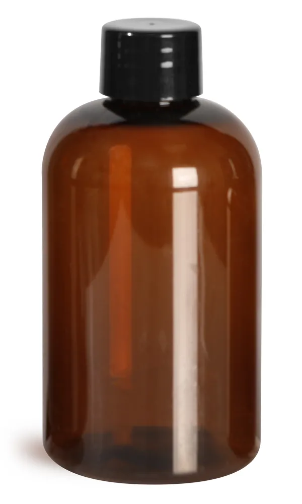 4 oz Plastic Bottles, Amber PET Boston Rounds w/ Smooth Black Plastic Lined Caps