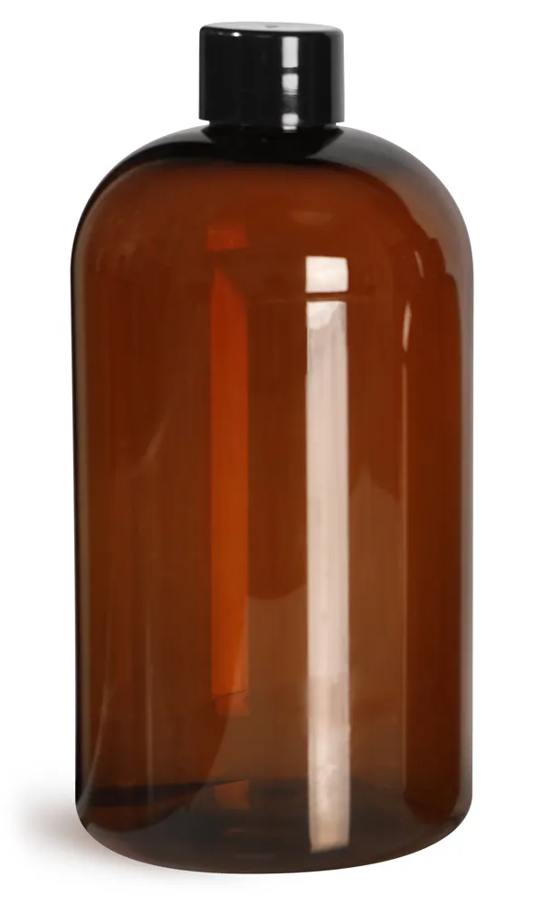 16 oz Plastic Bottles, Amber PET Boston Rounds w/ Smooth Black Plastic Lined Caps