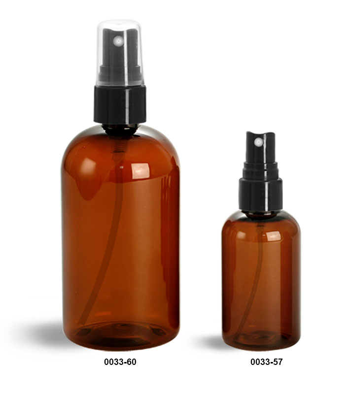 Plastic Bottles, Amber PET Boston Round Bottles w/ Smooth Black Fine Mist Sprayers