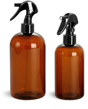 Amber PET Boston Round Bottles w/ Black Mini Trigger Sprayers
