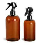 Plastic Bottles, Amber PET Boston Round Bottles w/ Black Mini Trigger Sprayers