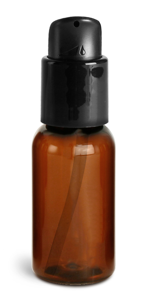 1 oz Amber PET Boston Round Bottles w/ Black Treatment Pumps