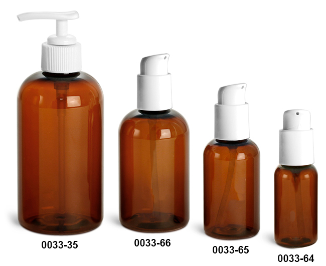 Plastic Bottles, Amber PET Boston Round Bottles w/ White Lotion Pumps Or Treatment Pumps