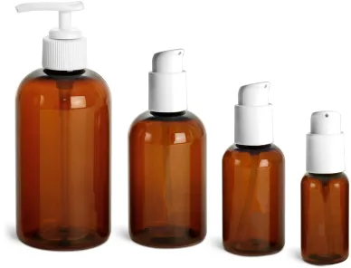 Amber PET Boston Round Bottles w/ White Pumps