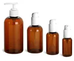 Amber PET Boston Round Bottles w/ White Pumps