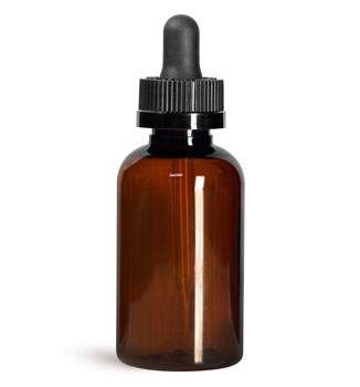 Plastic Bottles, 2 oz Amber PET Boston Round Bottles w/ Black Child Resistant Droppers