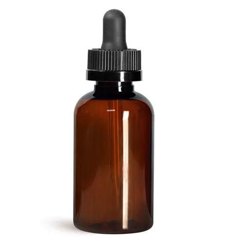 PET Plastic Bottles, 2 oz Amber Boston Round Bottles w/ Black Child Resistant Droppers 