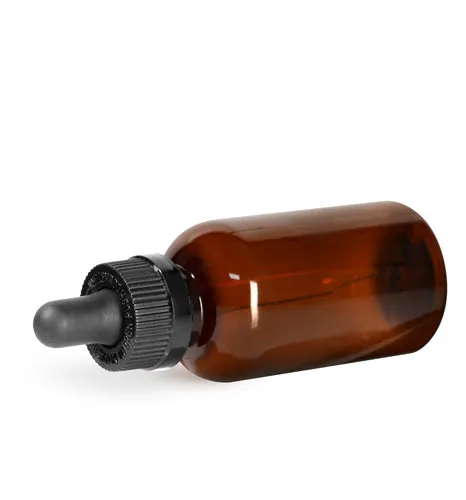 PET Plastic Bottles, 2 oz Amber Boston Round Bottles w/ Black Child Resistant Droppers 