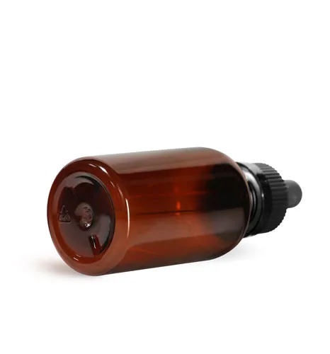 PET Plastic Bottles, 2 oz Amber Boston Round Bottles w/ Black Child Resistant Droppers 